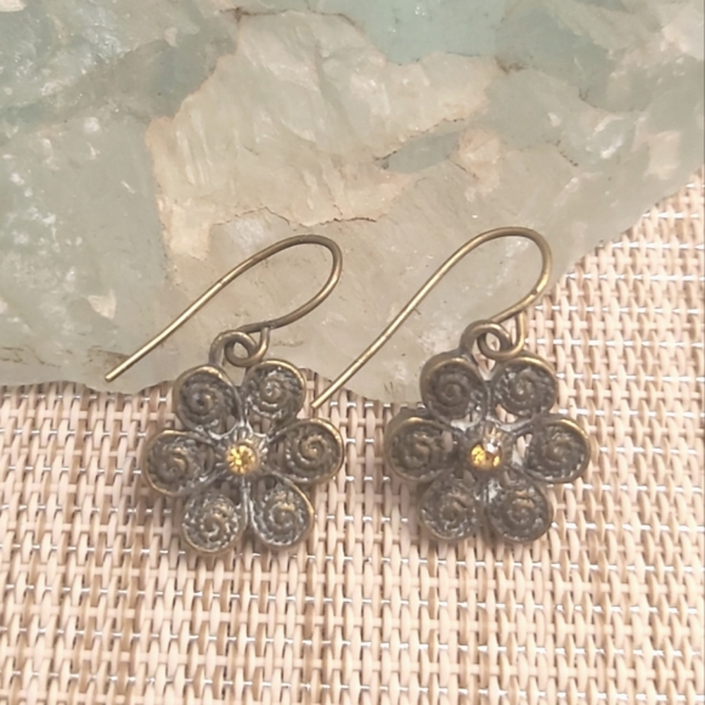 Vintage Brass Flowers Dangle Hook Earrings